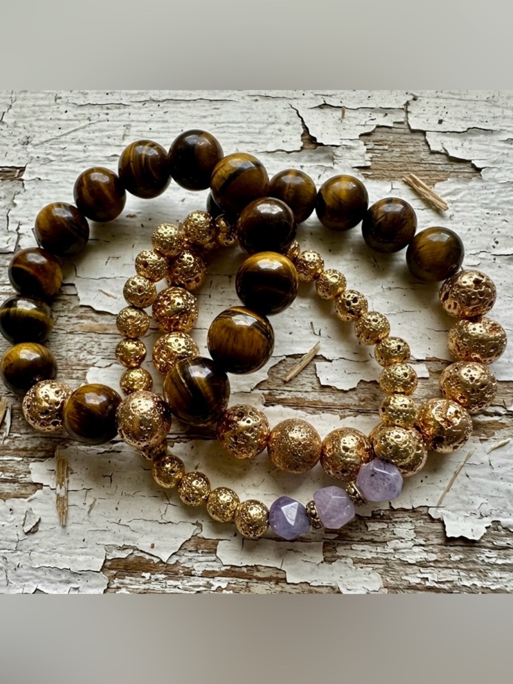 Set Of 3 Chunky Tiger’s Eye & Gold Lava Stone Bracelets w/Lavender Quartz